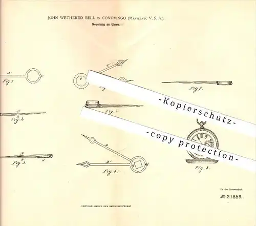 original Patent - John Wethered Bell in Conowingo , Maryland , V. S. A. , 1882 , Uhr , Uhrmacher , Taschenuhr !!!