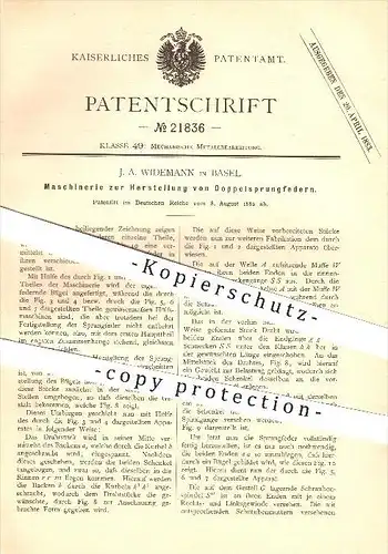 original Patent - J. A. Widemann in Basel , 1882 , Herstellung von Doppelsprungfedern , Metallbearbeitung !!!