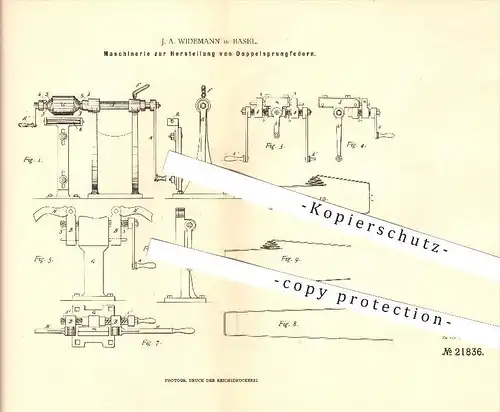 original Patent - J. A. Widemann in Basel , 1882 , Herstellung von Doppelsprungfedern , Metallbearbeitung !!!