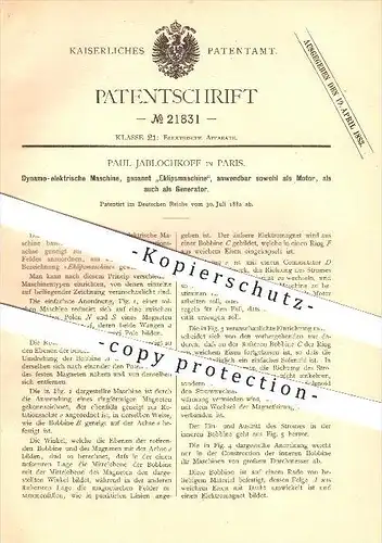 original Patent - Paul Jablochkoff in Paris , 1882 , Dynamoelektrische Maschine, Eklipsmaschine , Motor , Generator !!!