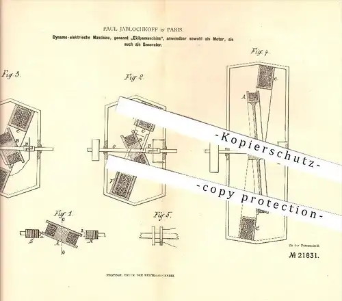 original Patent - Paul Jablochkoff in Paris , 1882 , Dynamoelektrische Maschine, Eklipsmaschine , Motor , Generator !!!