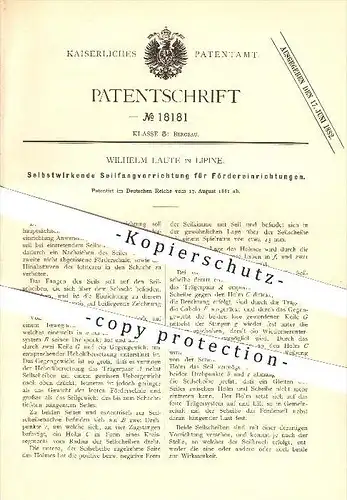 original Patent - Wilhelm Laute in Lipine , 1881 , Selbstwirkende Seilfangvorrichtung für Fördereinrichtungen !!!