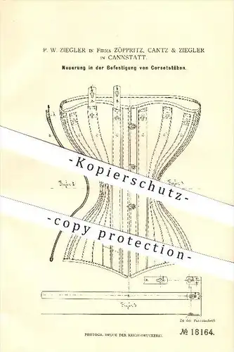 original Patent - P. W. Ziegler , Cantz & Ziegler in Cannstatt , 1881 ,  Korsettstäbe , Korsett , Corset , Stuttgart !!!