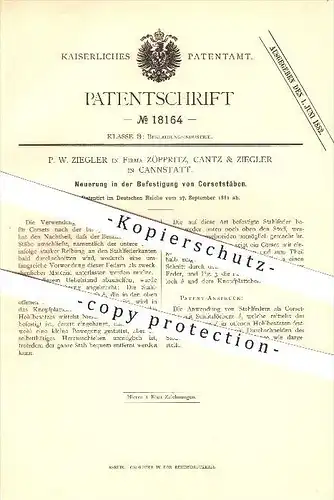 original Patent - P. W. Ziegler , Cantz & Ziegler in Cannstatt , 1881 ,  Korsettstäbe , Korsett , Corset , Stuttgart !!!