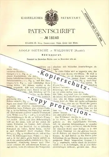 original Patent - Adolf Dietsche in Waldshut , 1881 , Kühlapparat , Kühlung !!!