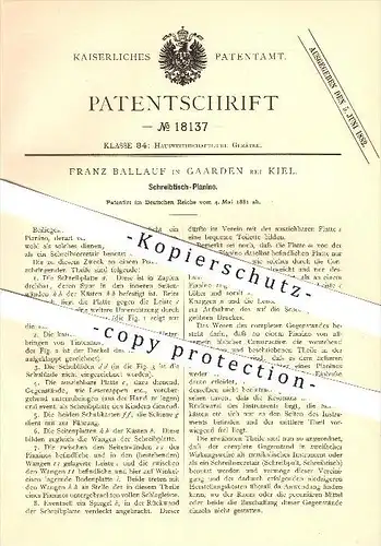 original Patent - Franz Ballauf in Gaarden bei Kiel , 1881 , Schreibtisch-Pianino , Piano , Klavier , Sekretär !!!