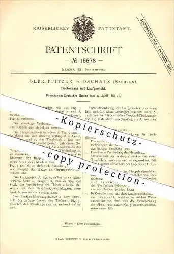 original Patent - Gebr. Pfitzer in Oschatz , 1881 , Tischwaage mit Laufgewicht , Waage , Gewicht !!!