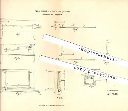original Patent - Gebr. Pfitzer in Oschatz , 1881 , Tischwaage mit Laufgewicht , Waage , Gewicht !!!