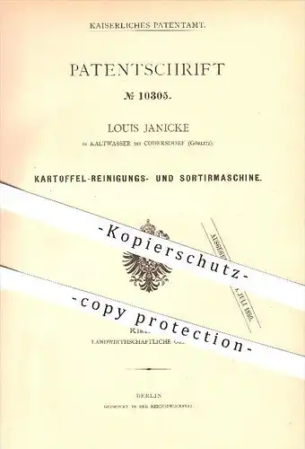 original Patent - Louis Janicke in Kaltwasser bei Kodersdorf , 1879 , Kartoffelreinigungs- und Sortiermaschine , Görlitz