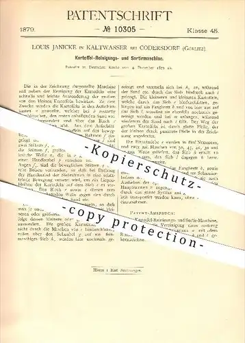 original Patent - Louis Janicke in Kaltwasser bei Kodersdorf , 1879 , Kartoffelreinigungs- und Sortiermaschine , Görlitz