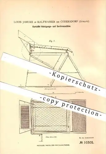 original Patent - Louis Janicke in Kaltwasser bei Kodersdorf , 1879 , Kartoffelreinigungs- und Sortiermaschine , Görlitz