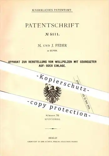 original Patent - M. und J. Feder in Eupen , 1878 , Herstellung von Wollpelzen mit gekreuzter Auf- oder Einlage !!!