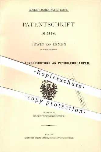 original Patent - Edwin van Ermen in Manchester , 1878, Sicherheitsvorrichtung an Petroleumlampen , Lampen , Beleuchtung