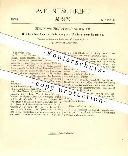 original Patent - Edwin van Ermen in Manchester , 1878, Sicherheitsvorrichtung an Petroleumlampen , Lampen , Beleuchtung