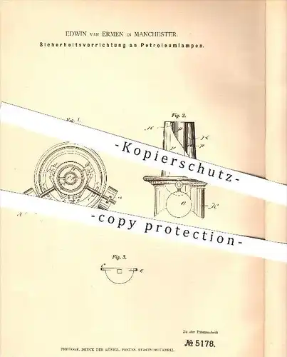 original Patent - Edwin van Ermen in Manchester , 1878, Sicherheitsvorrichtung an Petroleumlampen , Lampen , Beleuchtung