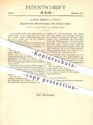 original Patent - Joseph Werndl in Steyr , 1878 , Repititions-Mechanismus für Hinterlader , Waffen !!!