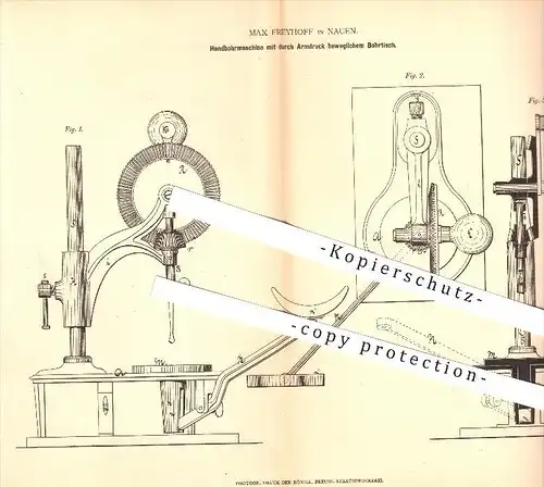 original Patent - Max Freyhoff in Nauen , 1878 , Handbohrmaschine mit durch Armdruck beweglichem Bohrtisch !!!