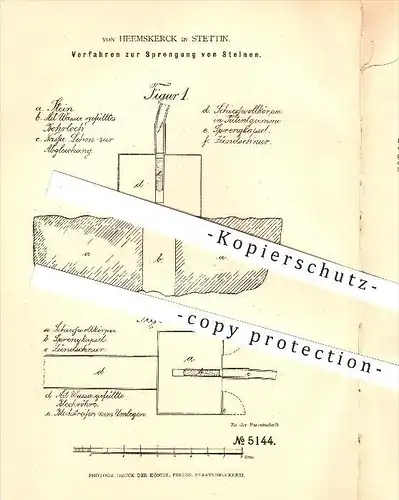original Patent - von Heemskerck in Stettin , 1878 , Sprengung von Steinen , Bergbau !!!