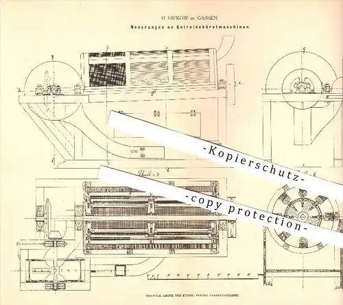 original Patent - H. Hipkow in Gassen , 1878 , Getreidebürstmaschine , Mühlen , Landwirtschaft !!!