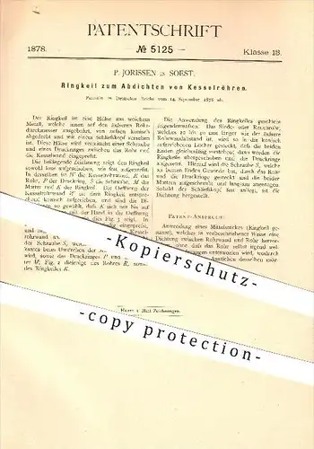 original Patent - P. Jorissen in Soest , 1878 , Ringkeil zum Abdichten von Kesselröhren , Dampfkessel !!!