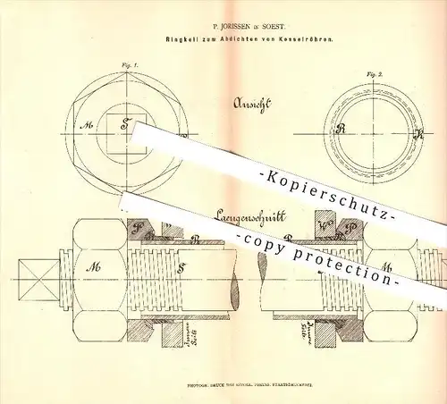 original Patent - P. Jorissen in Soest , 1878 , Ringkeil zum Abdichten von Kesselröhren , Dampfkessel !!!