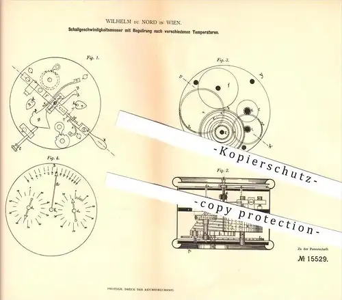 original Patent - Wilhelm du Nord in Wien , 1880 , Schallgeschwindigkeitsmesser mit Temperaturregulierung !!!