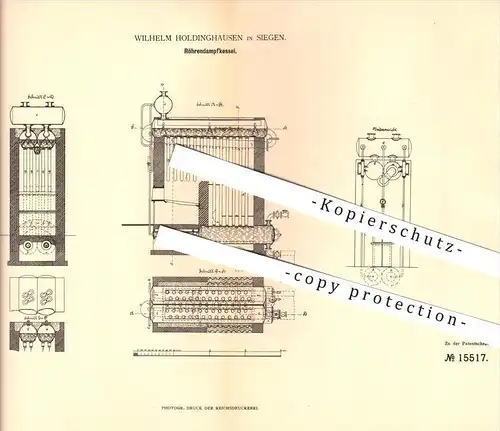 original Patent - Wilhelm Holdinghausen in Siegen , 1881 , Röhrendampfkessel , Dampfkessel !!!