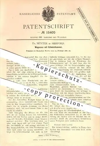 original Patent - Dr. Münter in Herford , 1881 , Wagenaxe mit Schmierkammer , Wagenbau !!!