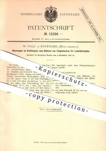 original Patent - W. Volz in Backnang , 1880 , Erdöllampen zum Erhitzen von Chagrinwalzen für Lederfabrikation !!!