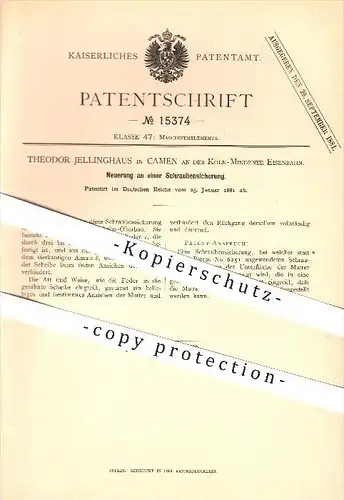 original Patent - Theodor Jellinghaus in Camen an der Köln-Mindener Eisenbahn , 1881 , Schraubensicherung !!!