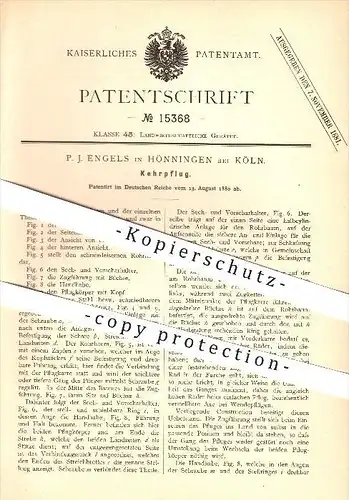 original Patent - P. J. Engels in Hönningen b. Ahrweiler , 1880 , Kehrpflug , Pflug , Landwirtschaft , Neuenahr !!!