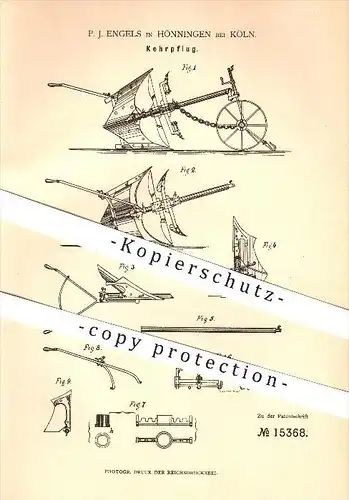original Patent - P. J. Engels in Hönningen b. Ahrweiler , 1880 , Kehrpflug , Pflug , Landwirtschaft , Neuenahr !!!