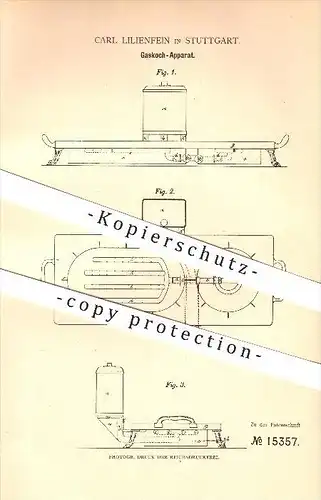 original Patent - Carl Lilienfein in Stuttgart , 1881 , Gaskoch Apparat , Gaskocher , Gasherd , Herd , Kochen !!!