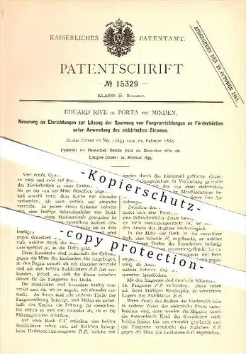 original Patent - Eduard Rive in Porta bei Minden , 1880 , Entsperrung von Fangvorrichtungen an Förderkörben !!!