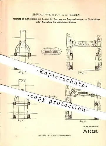 original Patent - Eduard Rive in Porta bei Minden , 1880 , Entsperrung von Fangvorrichtungen an Förderkörben !!!