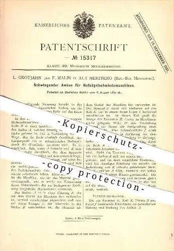 original Patent - L. Grotjahn & F. Malin in Alt-Herzberg , 1880 , Schwingender Amboss für Hufnägelschmiedemaschinen !!!
