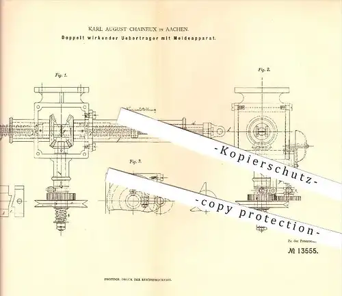 original Patent - Karl August Chaineux in Aachen , 1880 , Doppelt wirkender Übertrager mit Meldeapparat !!!