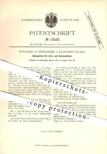 original Patent - Schumann & Mühlbauer in Glachau , 1880 , Gebläseform für Löt- und Schmiedefeuer !!!