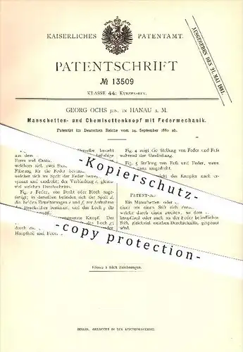 original Patent - Georg Ochs Jun. in Hanau a. M. , 1880 , Manschetten- und Chemisettenknopf mit Federmechanik !!!