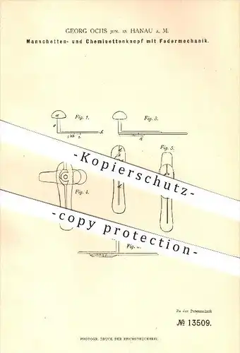 original Patent - Georg Ochs Jun. in Hanau a. M. , 1880 , Manschetten- und Chemisettenknopf mit Federmechanik !!!