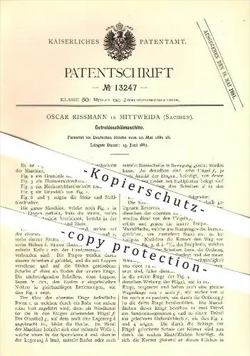 original Patent - Oscar Rissmann in Mittweida , 1885 , Getreideschälmaschine , Mühlen , Landwirtschaft !!!