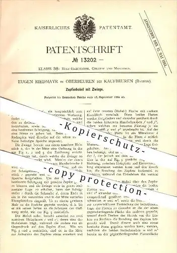 original Patent - Eugen Riedmayr in Oberbeuren bei Kaufbeuren , 1880 , Zapfenhobel mit Zwinge , Tischler !!!