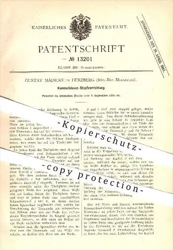 original Patent - Gustav Mädicke in Herzberg , 1880 , Kummetkissen-Stopfvorrichtung , Pferdegeschirr !!!