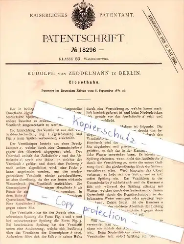 Original Patent - Rodolph von Zeddelmann in Berlin , 1881 , Closethahn !!!