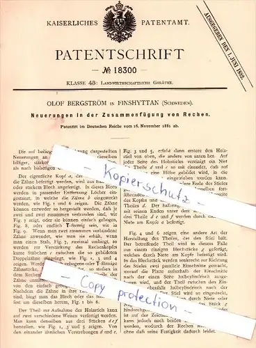 Original Patent - Olof Bergström in Finshyttan , Schweden , 1881 , Zusammenfügung von Rechen !!!