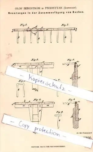 Original Patent - Olof Bergström in Finshyttan , Schweden , 1881 , Zusammenfügung von Rechen !!!