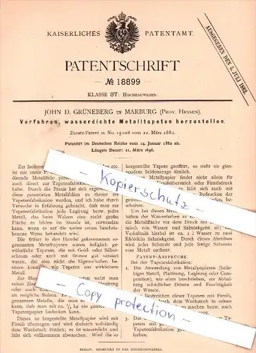 Original Patent - John D. Grüneberg in Marburg , Prov. Hessen , 1882 , Metalltapeten !!!