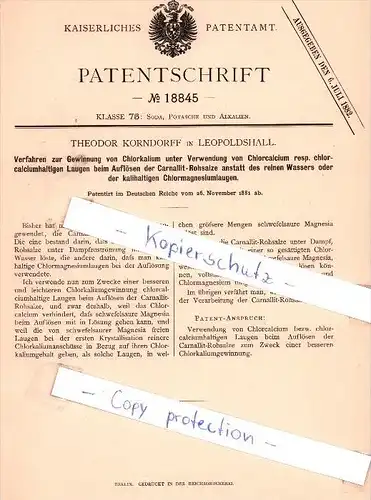 Original Patent - T. Korndorff in Leopoldshall b. Staßfurt , 1881 , Gewinnung von Chlorkalium , Chemie !!!
