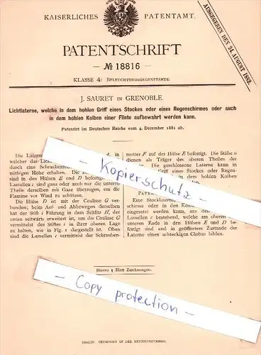 Original Patent - J. Sauret in Grenoble , 1881 , Laterne , Lampe !!!