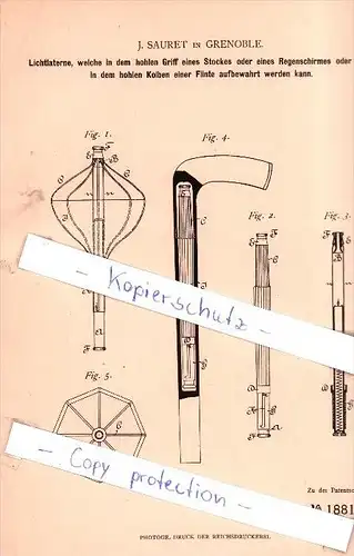 Original Patent - J. Sauret in Grenoble , 1881 , Laterne , Lampe !!!